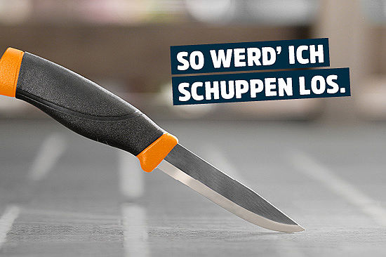 Foto: ein spitzes Messer. Text: „So werd‘ ich Schuppen los.“