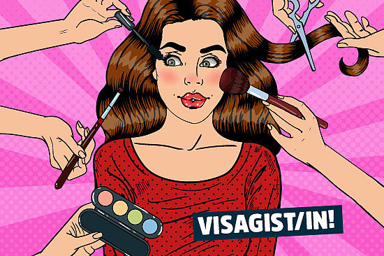 Bild im Comicstil: 6 Hände mit Schminkzeug und Schere stylen eine Frau. Text: „Visagist/in!“ 