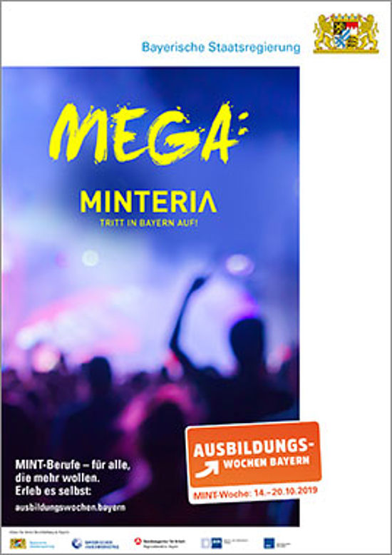 Jubelnde Menschen von hinten bei einer Veranstaltung mit violettem Farbfilter. Zeile: "MEGA: MINTERIA. Tritt in Bayern auf!