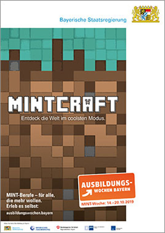 Mintfarbene und braune Kacheln als Illustration eines Computerspiels im Hinterund, Zeile: "MINTCRAFT - entdeck die Welt im coolsten Modus