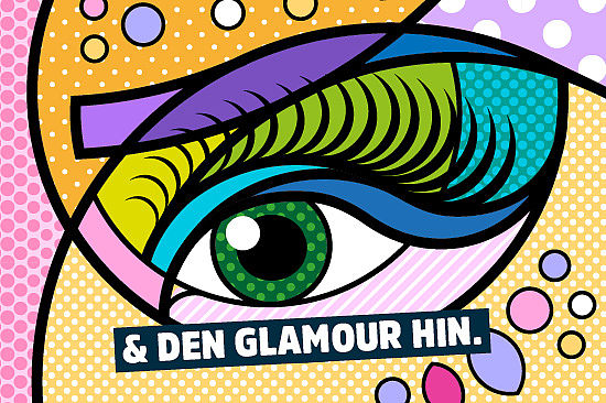 Bild im Comicstil: kunstvoll gestyltes und verziertes Auge.  Text: „... und den Glamour hin.“