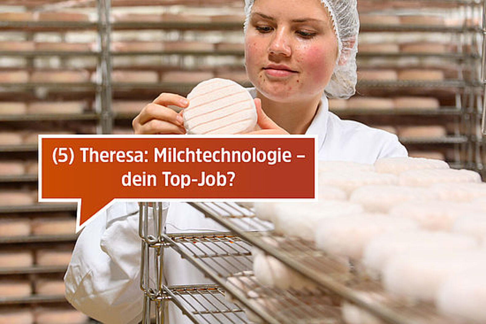 Motiv: Theresa betrachtet einen Käselaib. Text: 5. Theresa, Milchtechnologie – dein Top-Job? 