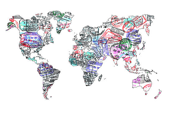 Illustration: Eine Weltkarte, gestaltet aus vielen gestempelten Visa. 
