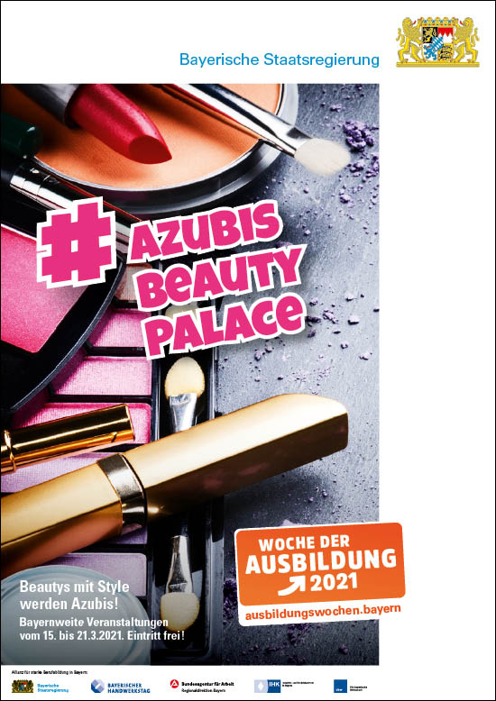 Nahaufnahme: Schminkutensilien. Zeile darauf: „#Azubis Beauty Palace“
