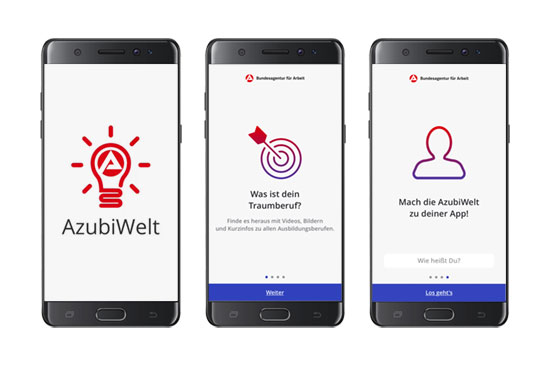 Drei Screenshots auf einem Smartphone-Bildschirm: AzubiWelt App Logo, Was ist dein Traumberuf, Mach die AzubiWelt zu deiner App