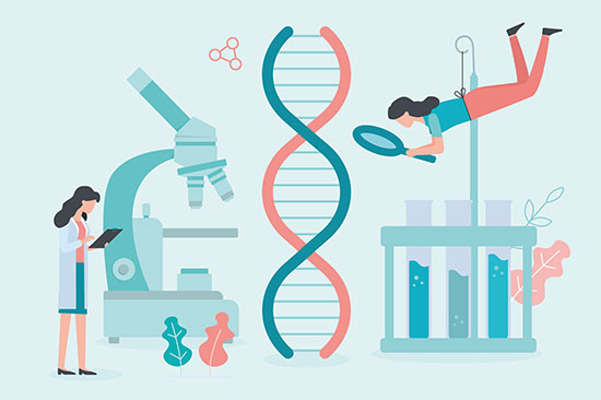 Illustrierte Collage: Frau mit Notizblock, Mikroskop, DNA-Strang, Frau mit Lupe, Reagenzgläser.  